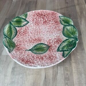 Italian Majolica Hydrangea Plate Pink Hand Painted Made in Italy 14" Read CHIP